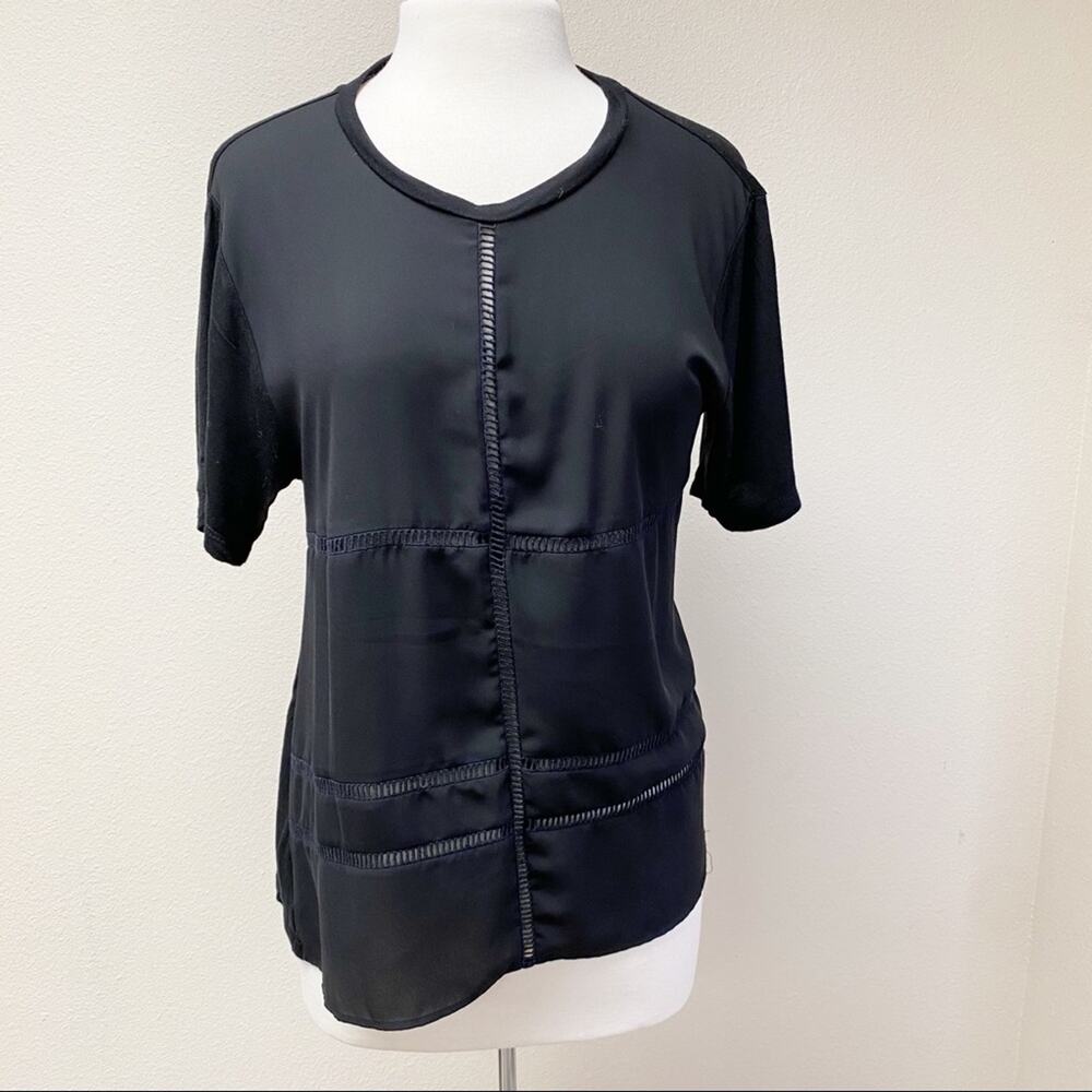 BCBGeneration Black Mixed Media Eyelet Trim Short Sleeve Top S